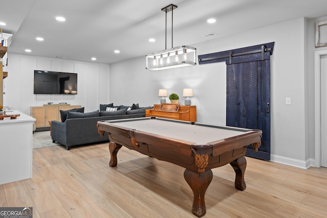rec room with billiards, light wood-style flooring, visible vents, and recessed lighting