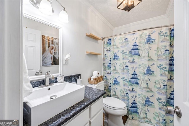 full bathroom featuring vanity, ornamental molding, curtained shower, toilet, and a textured ceiling