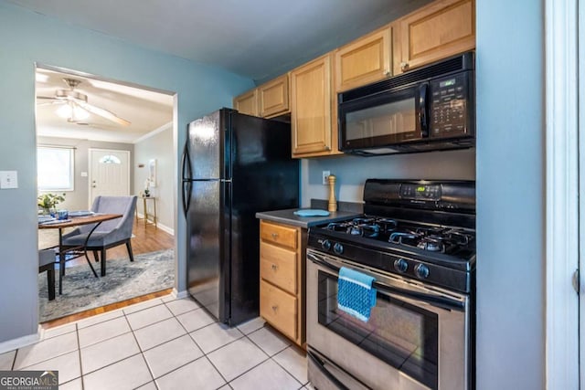 520 Park Ave SE Unit 10, Atlanta, GA 30312 - kitchen featuring light brown cabinetry, ceiling fan, baseboards, light tile patterned floors, and black appliances
