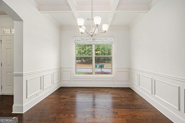 308 Evening Rain Crst, Canton, GA 30114 - unfurnished dining area featuring a chandelier, dark wood finished floors, coffered ceiling, arched walkways, and beamed ceiling