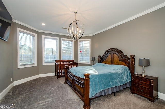 bedroom with baseboards, carpet, and a chandelier