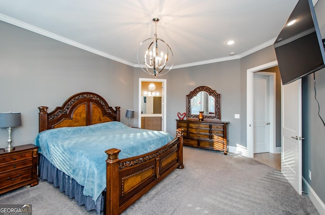 bedroom featuring an inviting chandelier, baseboards, crown molding, and light carpet