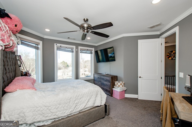carpeted bedroom featuring recessed lighting, visible vents, and ornamental molding