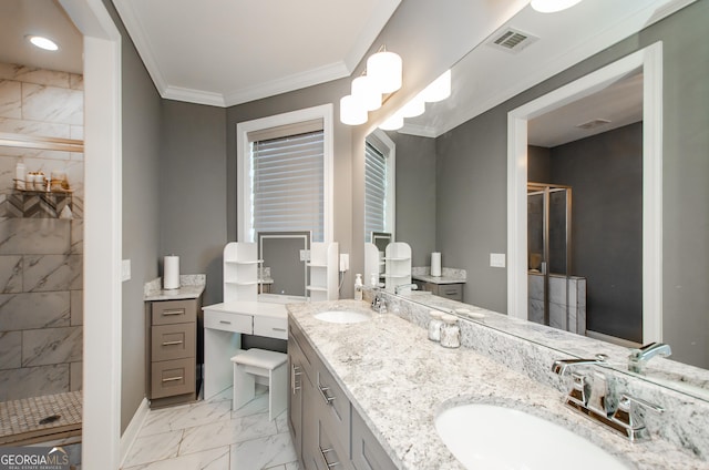bathroom featuring visible vents, a sink, marble finish floor, and a shower stall