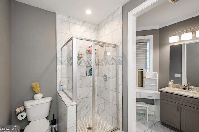 bathroom featuring vanity, toilet, marble finish floor, recessed lighting, and a stall shower