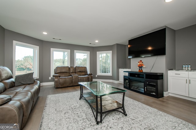 living room featuring recessed lighting, a wealth of natural light, and wood finished floors