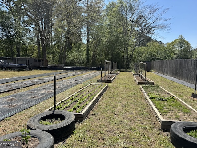 view of yard with fence and a vegetable garden