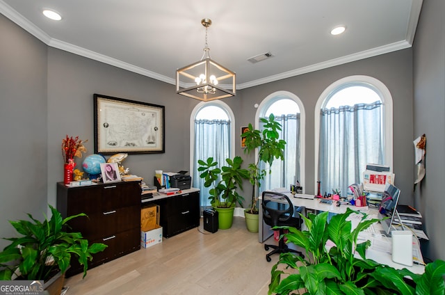 office space with crown molding, a chandelier, recessed lighting, light wood-type flooring, and visible vents