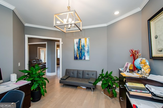 office space featuring a chandelier, recessed lighting, baseboards, wood finished floors, and ornamental molding