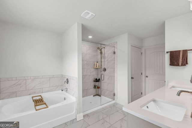 3493 Monarch Ave, Duluth, GA 30096 - bathroom featuring marble finish floor, a sink, a bath, and a stall shower