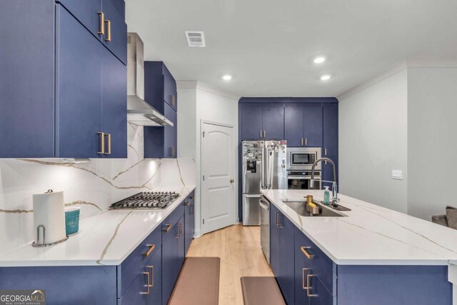 3493 Monarch Ave, Duluth, GA 30096 - kitchen featuring blue cabinetry, visible vents, appliances with stainless steel finishes, a sink, and wall chimney exhaust hood