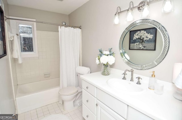bathroom featuring toilet, shower / bath combo with shower curtain, tile patterned flooring, and vanity