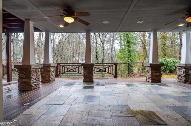 view of patio with a ceiling fan and a wooden deck