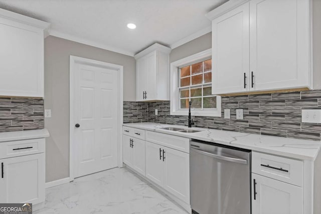 470 Brackin Trce, Grayson, GA 30017 - kitchen featuring stainless steel dishwasher, light stone countertops, white cabinetry, a sink, and backsplash