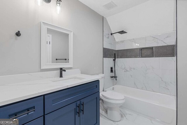 470 Brackin Trce, Grayson, GA 30017 - bathroom featuring vanity, marble finish floor, shower / bathtub combination, toilet, and vaulted ceiling