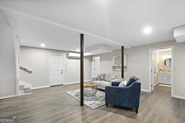 1140 Starline Dr SE, Smyrna, GA 30080 - living room featuring recessed lighting, baseboards, wood finished floors, and stairway