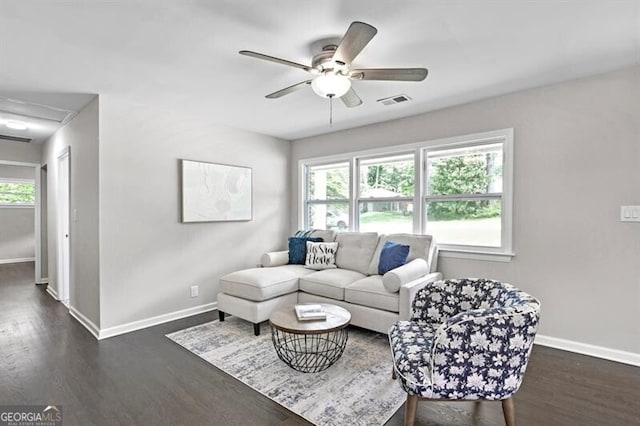 1140 Starline Dr SE, Smyrna, GA 30080 - living room featuring baseboards, visible vents, dark wood-style floors, and ceiling fan
