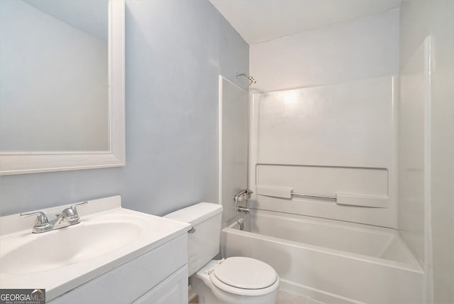 bathroom featuring toilet,  shower combination, and vanity
