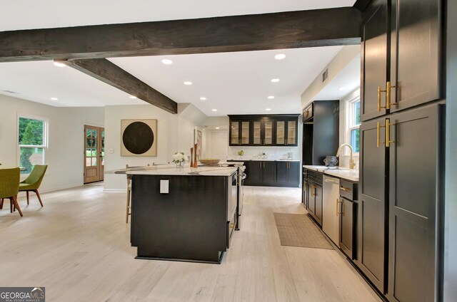 kitchen featuring light countertops, light wood-style floors, stainless steel dishwasher, and a center island