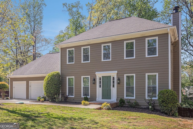 colonial inspired home featuring driveway, a chimney, roof with shingles, a front yard, and an attached garage