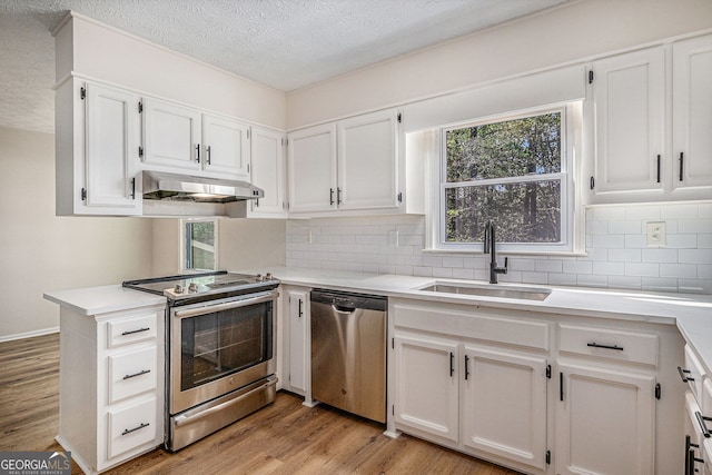 kitchen with a textured ceiling, under cabinet range hood, tasteful backsplash, a sink, and stainless steel appliances