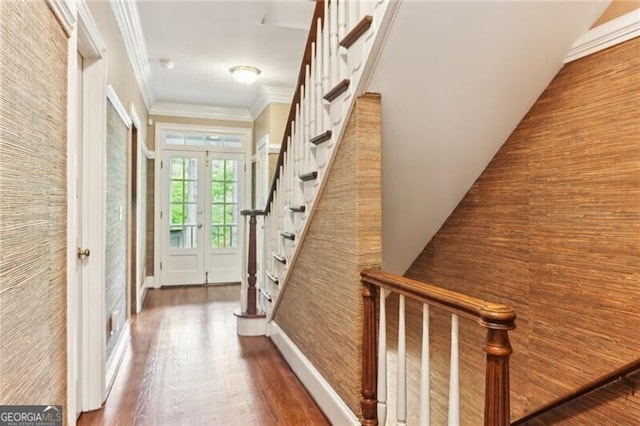 769 Hampton Pl SW, Marietta, GA 30064 - corridor featuring ornamental molding, french doors, stairway, and wood finished floors