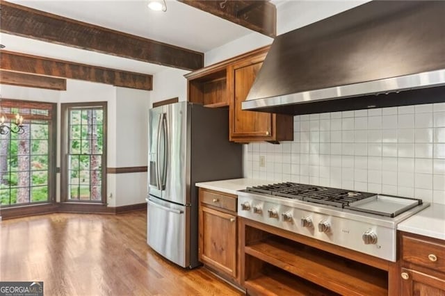 769 Hampton Pl SW, Marietta, GA 30064 - kitchen featuring beamed ceiling, brown cabinets, open shelves, and extractor fan
