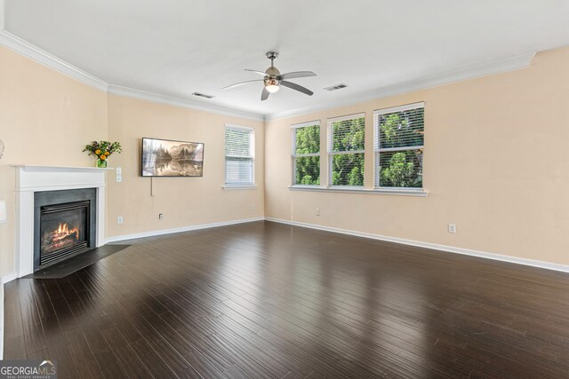 3845 New Salem Ct, Cumming, GA 30040 - unfurnished living room with ceiling fan, crown molding, a fireplace with flush hearth, and dark wood-type flooring