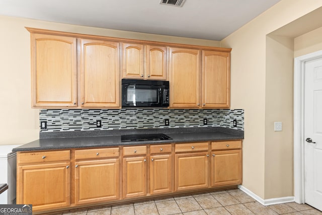 3845 New Salem Ct, Cumming, GA 30040 - kitchen featuring black appliances, dark countertops, tasteful backsplash, and light tile patterned flooring