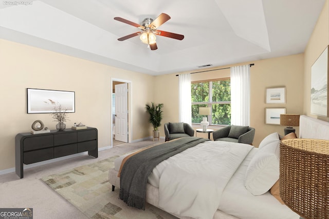 3845 New Salem Ct, Cumming, GA 30040 - carpeted bedroom featuring a raised ceiling and a ceiling fan