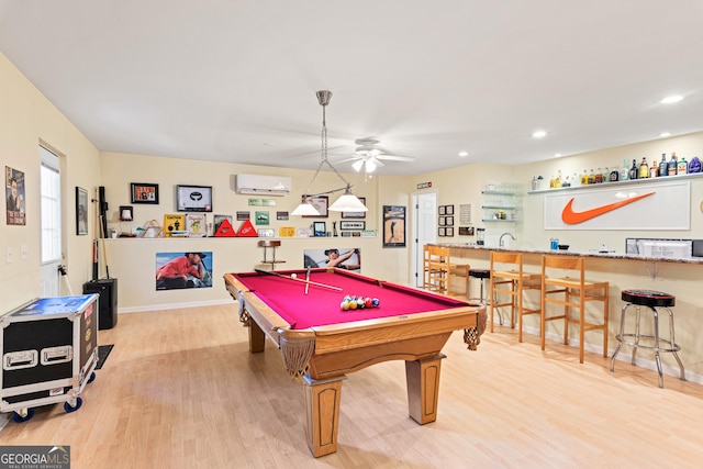 3845 New Salem Ct, Cumming, GA 30040 - recreation room featuring an AC wall unit, a ceiling fan, light wood-style floors, recessed lighting, and billiards table