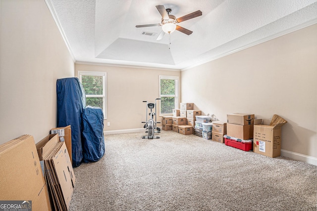 rec room featuring crown molding, a ceiling fan, a tray ceiling, and carpet