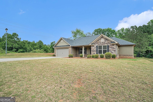 view of front facade featuring an attached garage, a front lawn, stone siding, and concrete driveway