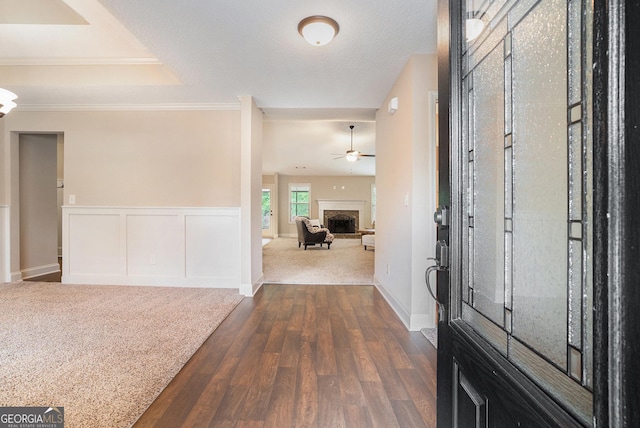 foyer entrance with crown molding, ceiling fan, a fireplace with raised hearth, a wainscoted wall, and dark wood-style floors