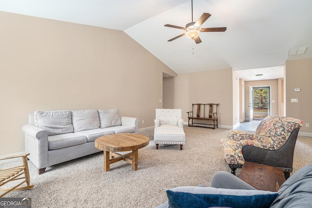 living area featuring a ceiling fan, visible vents, light colored carpet, vaulted ceiling, and baseboards