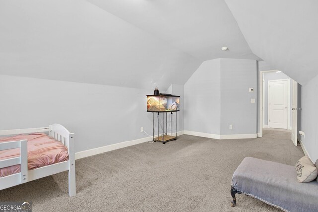 interior space featuring baseboards, carpet flooring, and lofted ceiling