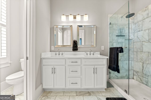 4143 N Swann St, Covington, GA 30014 - full bathroom with a sink, a shower stall, toilet, and marble finish floor