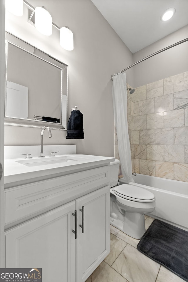 4143 N Swann St, Covington, GA 30014 - full bath featuring vanity, marble finish floor, shower / bath combination with curtain, toilet, and recessed lighting
