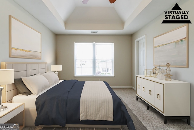 4870 Heather Mill Trce, Snellville, GA 30039 - carpeted bedroom with visible vents, baseboards, a raised ceiling, and ceiling fan