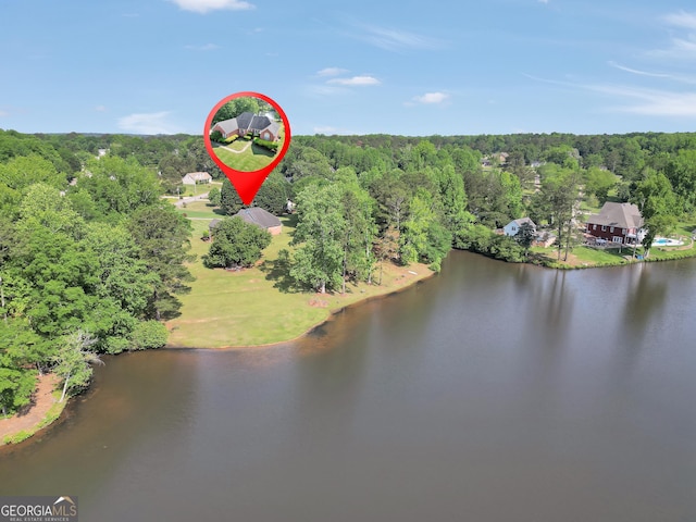 bird's eye view with a water view and a wooded view