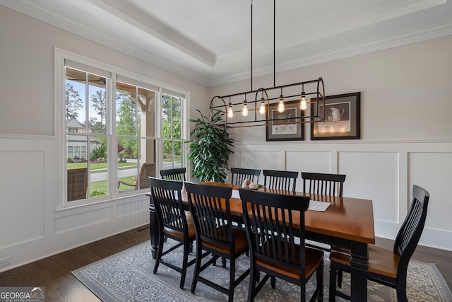 dining space featuring a decorative wall, dark wood-type flooring, crown molding, a raised ceiling, and wainscoting