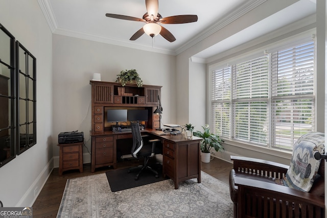 office space with baseboards, a ceiling fan, wood finished floors, and crown molding
