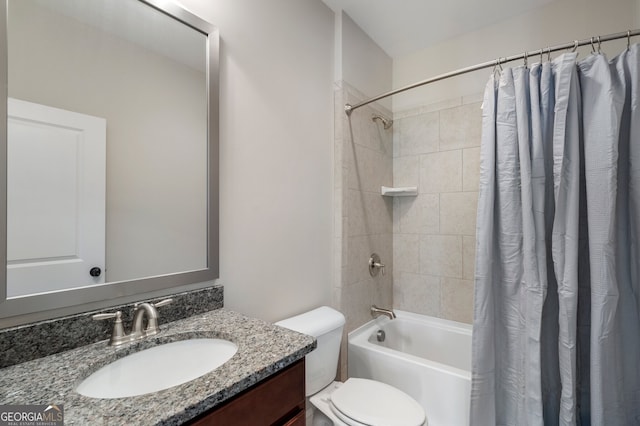 full bath with toilet, vanity, and shower / bath combination with curtain