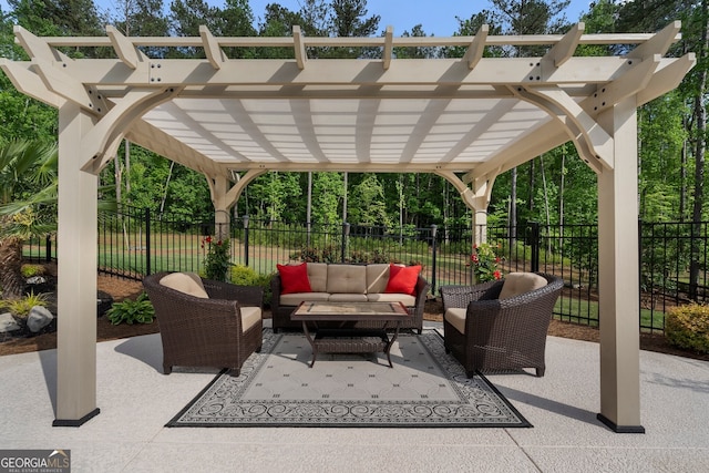 view of patio with an outdoor living space, a pergola, and fence