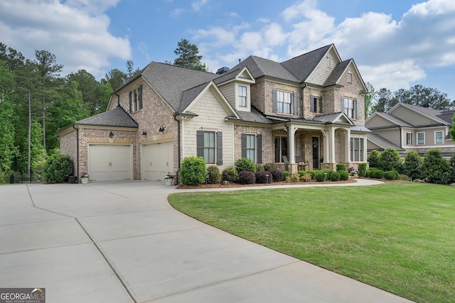 craftsman inspired home featuring covered porch, a front yard, driveway, an attached garage, and brick siding