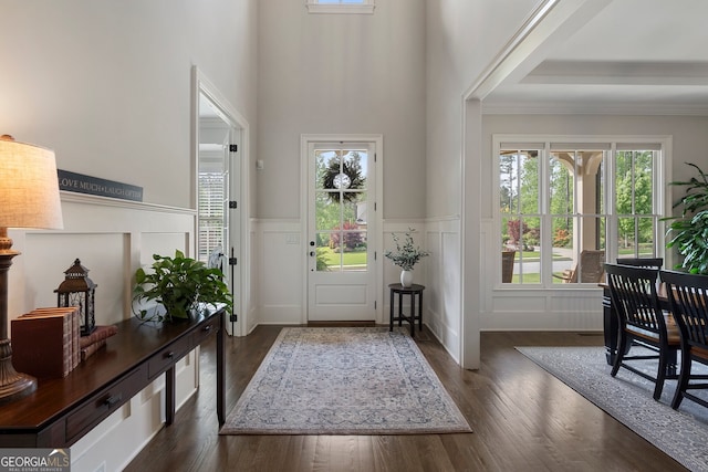 foyer with a decorative wall, a wainscoted wall, dark wood finished floors, and ornamental molding