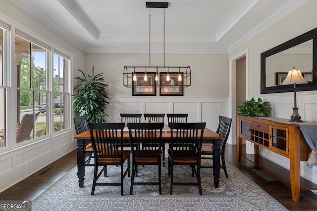 dining space featuring a tray ceiling, plenty of natural light, a decorative wall, wood finished floors, and a chandelier