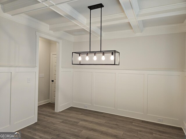 457 Banff Dr, Winder, GA 30680 - detailed view of coffered ceiling, a decorative wall, beamed ceiling, wood finished floors, and crown molding