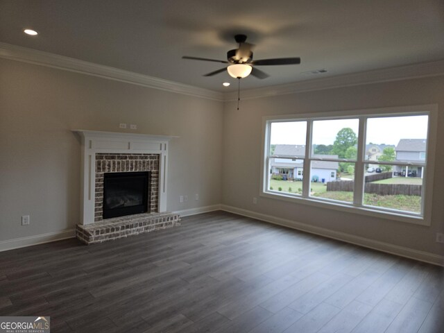 457 Banff Dr, Winder, GA 30680 - unfurnished living room featuring a ceiling fan, ornamental molding, baseboards, recessed lighting, and dark wood-type flooring