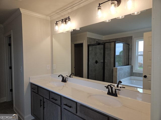 457 Banff Dr, Winder, GA 30680 - full bath with a stall shower, double vanity, ornamental molding, a tub, and baseboards